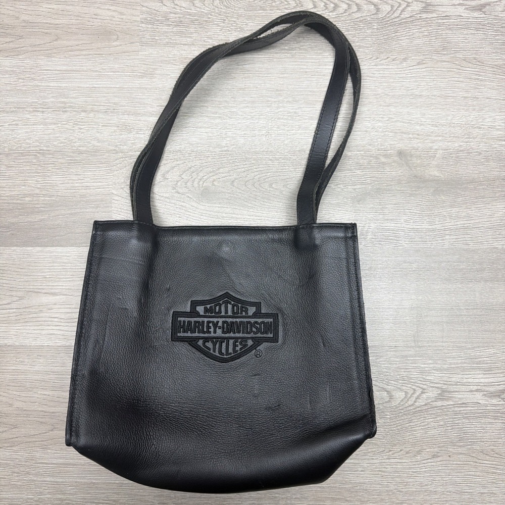 Vintage Harley Davidson Black Embroidered Leather Shoulder Bag Purse Tote